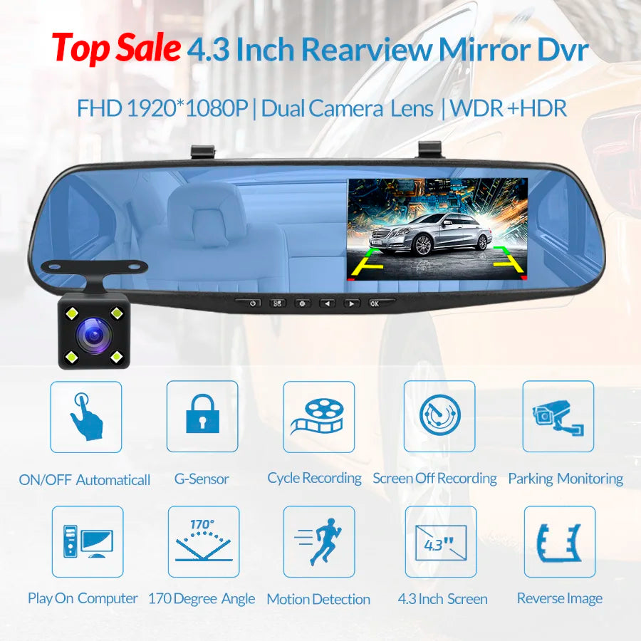 E-ACE Full HD 1080P Voiture Dvr Caméra Auto 4.3 Pouces Rétroviseur Enregistreur Vidéo Numérique Double Objectif Caméscope Enregistreur