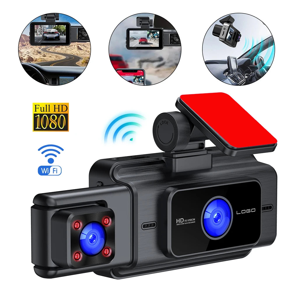 Caméra de tableau de bord pixel 1200W avec WiFi 3 caméras avant à l’intérieur arrière de la voiture enregistrement vidéo grand angle vision nocturne G-Sensor Moniteur 24H