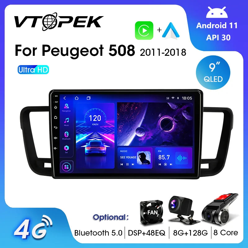 Vtopek 2Din Pour Peugeot 508 2011-2018 4G Android 11 Voiture Stéréo Radio Multimédia Lecteur Vidéo Navigation GPS Unité Principale Carplay