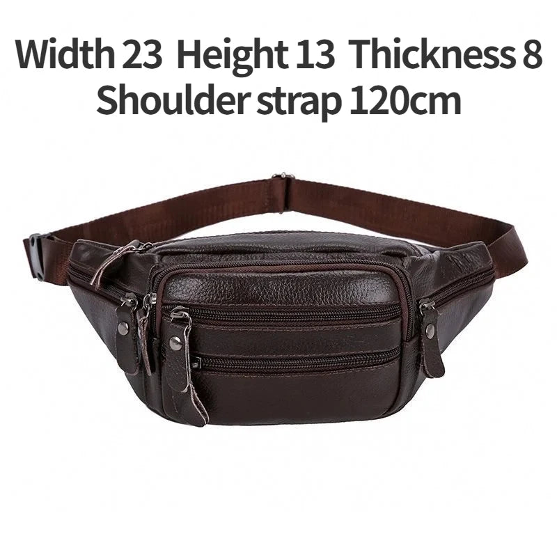 Grande Capacité Imperméable À L’eau En Cuir Véritable Véritable Hommes Sac De Taille Peau De Vache Mâle Fermeture À Glissière Site Travailleurs Voyage Loisirs Téléphone Poitrine Sac