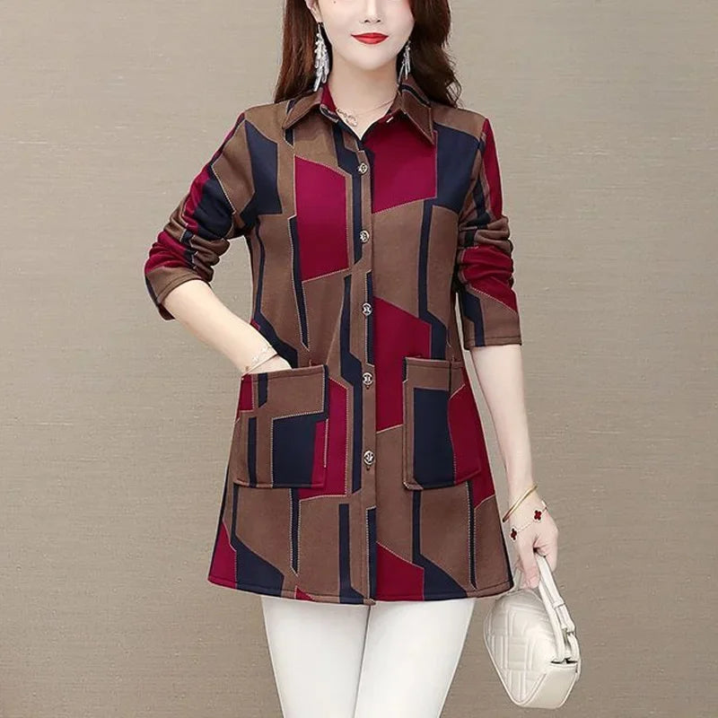 2023 Automne et Hiver Femmes Commuter Épaissie et Chaude Plaid Chemise Col Polo Manches Longues Confortable Polyvalent Top