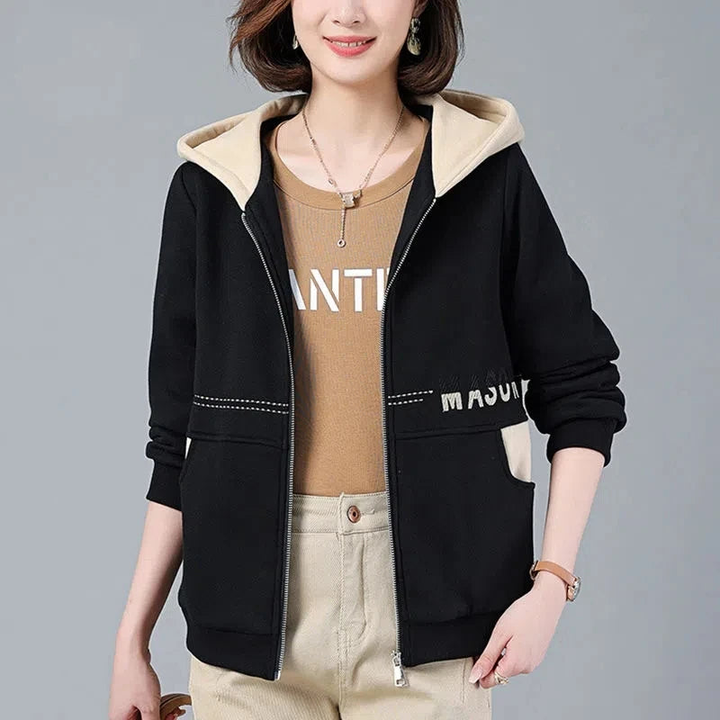 Pull Cardigan Mère Pour Femmes printemps et automne 2022 Nouveau Lâche Patchwork Capuche Manteau Court Femme Imprimé Veste