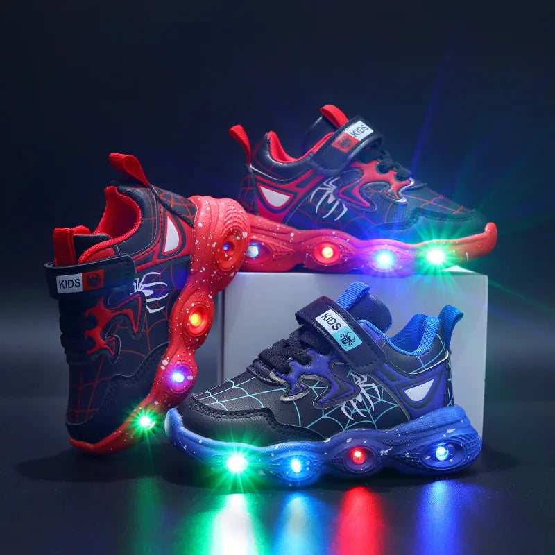 Automne Nouveau Lumineux Enfants LED Lumière Chaussures En Cuir Spider Garçons Casual Chaussures De Sport 1-6 Ans Enfants Baskets