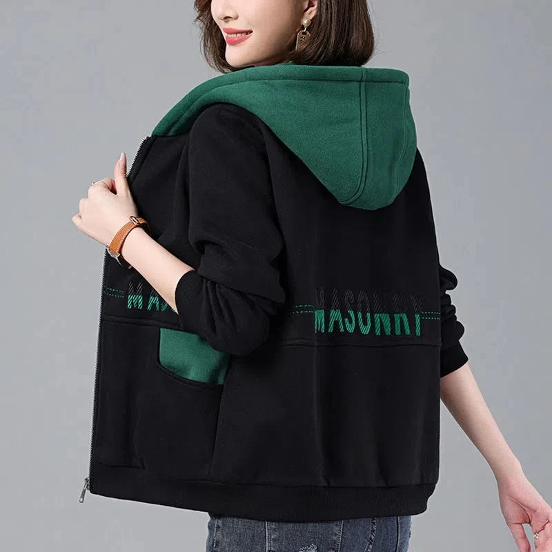 Pull Cardigan Mère Pour Femmes printemps et automne 2022 Nouveau Lâche Patchwork Capuche Manteau Court Femme Imprimé Veste