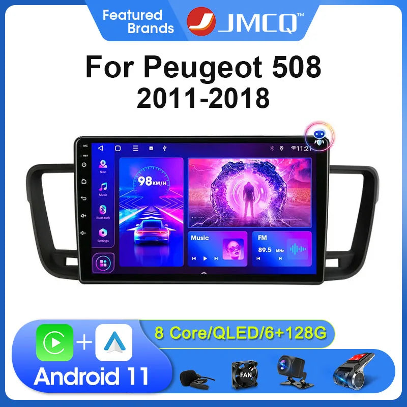 2Din 4G Android 11 Autoradio Multimédia Lecteur Vidéo Stéréo Pour Peugeot 508 2011 2012-2018 Navigation GPS Unité Principale Carplay