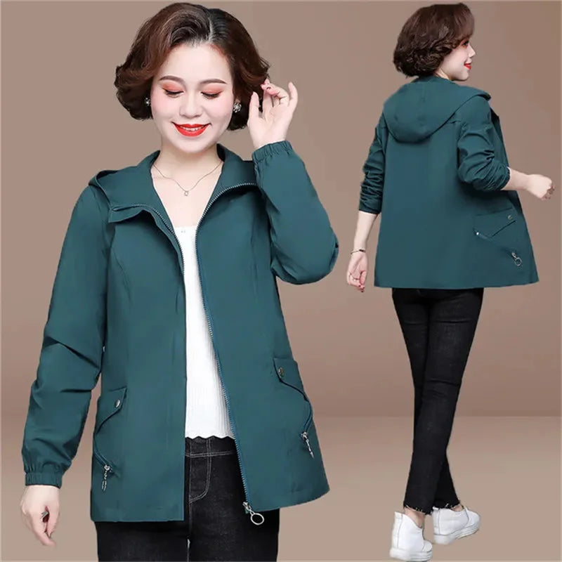 2022 Printemps Automne Vestes 4XL Vestes Élégantes À Capuche Coupe-Vent Poche Fermeture Éclair Vêtements D’extérieur Mode Lâche Trench Coat Femme