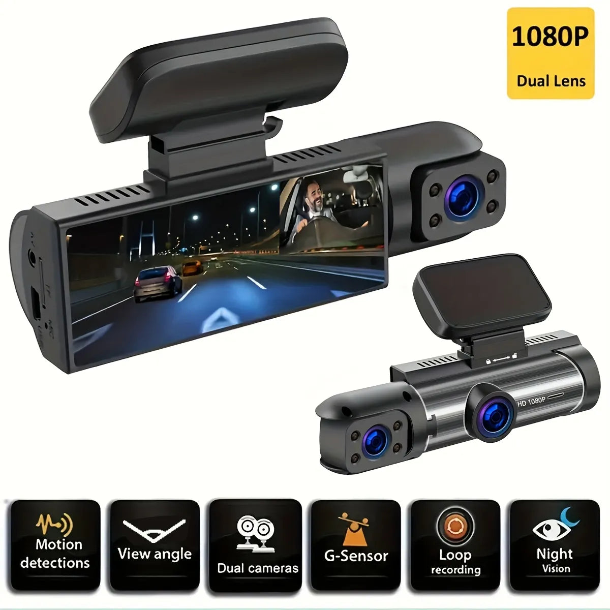 Double caméra 1080P, caméra de tableau de bord pour voitures, avant et intérieur, caméra de voiture avec vision nocturne IR, enregistrement en boucle, caméra DVR de voiture grand angle