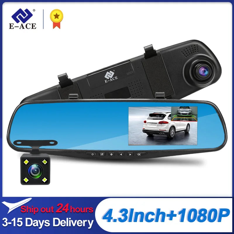 E-ACE Full HD 1080P Voiture Dvr Caméra Auto 4.3 Pouces Rétroviseur Enregistreur Vidéo Numérique Double Objectif Caméscope Enregistreur