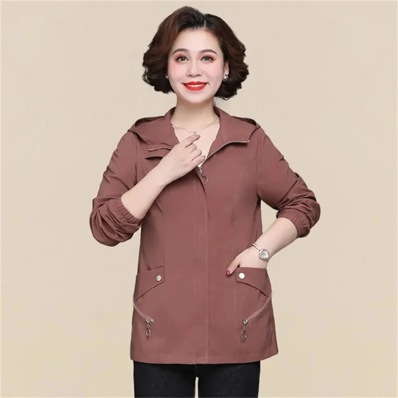 2022 Printemps Automne Vestes 4XL Vestes Élégantes À Capuche Coupe-Vent Poche Fermeture Éclair Vêtements D’extérieur Mode Lâche Trench Coat Femme