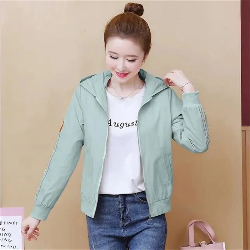 Women's Jacket 2024 New Autumn Windbreaker Famale Long Sleeve Hooded Short Coat Zipper Casual Loose Basic Jacket Outerwear